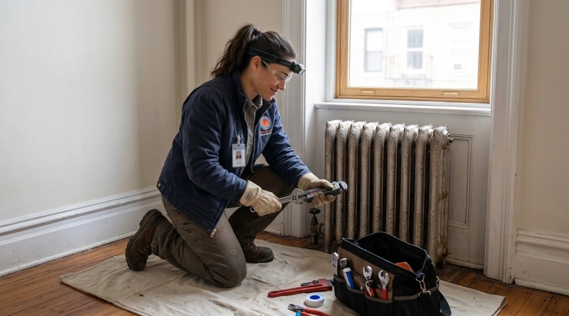 Plumber replacing a faulty steam radiator air vent valve